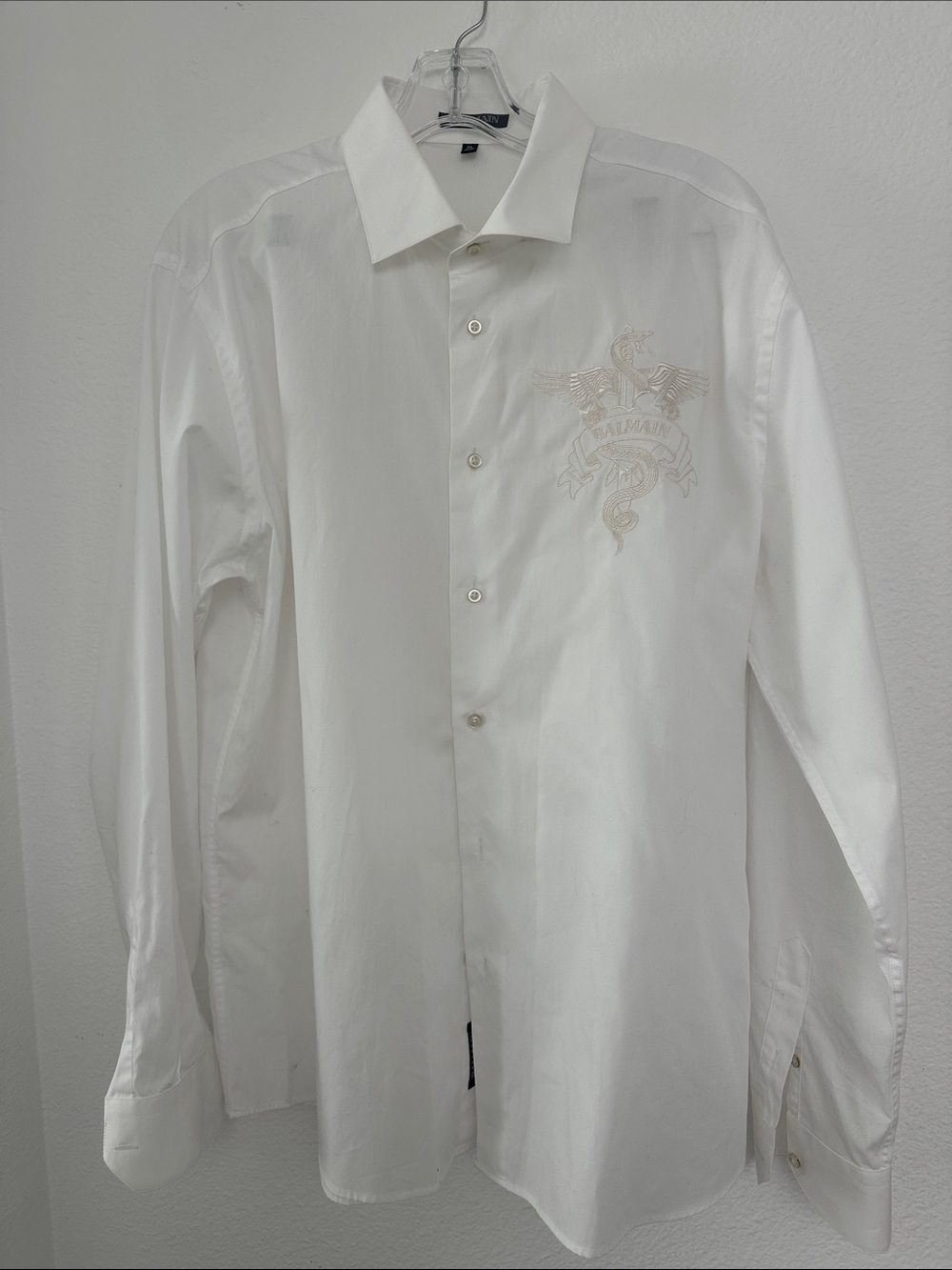 Balmain White Button-Down Dress Shirt with Embroidered Crest